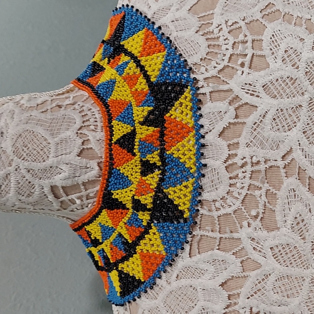 Handcrafted Beaded Geometric Collar  Necklace  Blue Orange Yellow Black